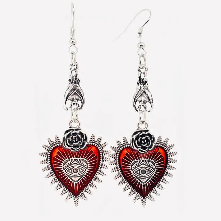 Gothic Bat Earrings with Red Heart image 0