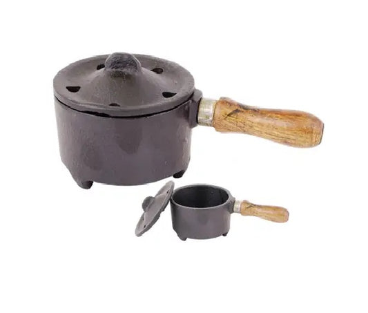 Iron Charcoal Burner with Lid and Wood Handle image 0